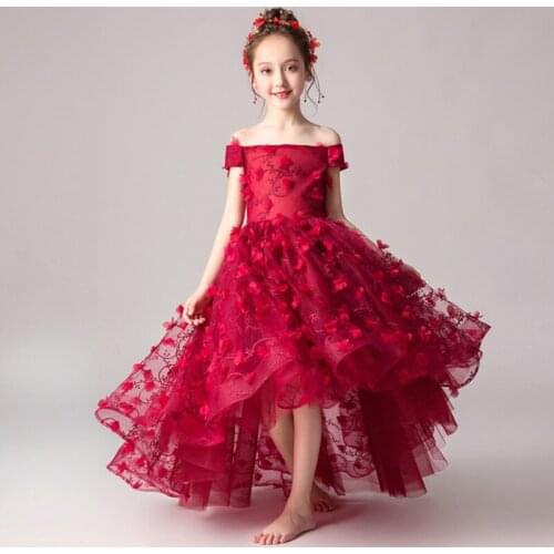 Girls Party Dresses Off Shoulder High-low Kids Evening Formal Floral Prom Flower Girls Dresses Chikdren Tutu Princdss Christmas