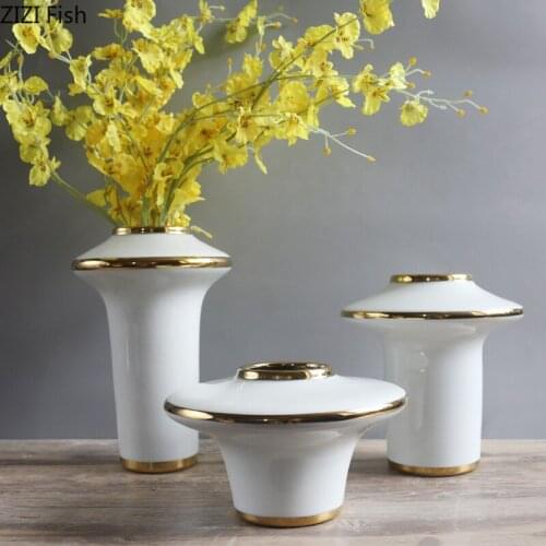 Gold Texture Ceramics Vases Flower Insert Desktop Decoration White Porcelain Crafts Creative Shape Vase Modern Floral Home Decor