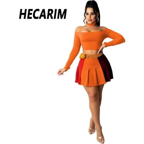 HECARIM Two Pieces Set Spring Summer Solid Off Shoulder Full Sleeve Tops Shirts Pleated Mini Dress Elegant Sexy Club Party Suits