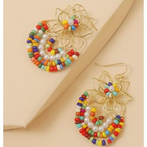 Creativity Fashion Gold Iron Wire Weave Flower Drop Earrings For Women 2020 Boho Handmade Multicolor Beaded Dangle Earring Gift