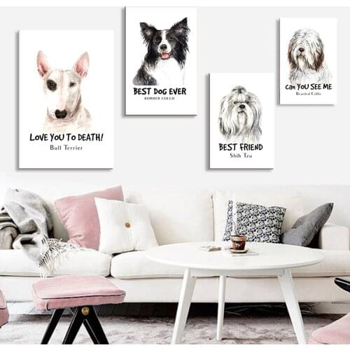 Cute Adorable Dog Bull Terrier Border Collie Shih Tzu Beared Collie Living Room Sofa Modern Decorative Painting Canvas Painting