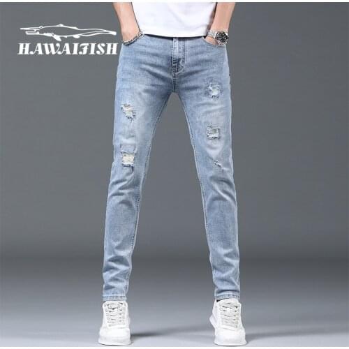 Male Jeans Hole Men Jeans Fashion Brand 2021 Slim Straight Business Casual Thin Elasticity Cotton Denim Pants Trousers