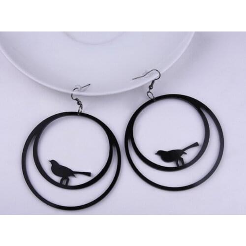 New Design Hollow Round Circle Bird Drop Earrings Acrylic Big Size Punk Jewelry Cute Animal Party Bird Earrings for Women