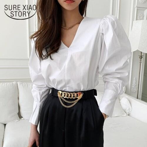 New 2021 Spring Korean Shirt Fashion Women V-neck Solid White Blouse Office Lady Shirt Cotton Plus Size Loose Tops Blusas
