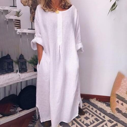 Womens Cotton Linen Oversized Maxi Dress White Pockets O-Neck Solid Long Dresses Spring Summer 2020 Fashion Dress Loose Clothes