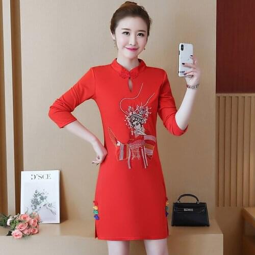 2019 Autumn New Pattern Restore Ancient Ways Nation Wind Thin Cheongsam Embroidery Package Buttocks Long Sleeve Dress