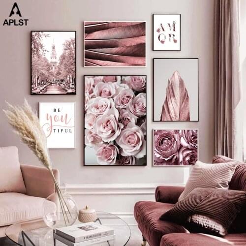 Pink Rose Flower Poster Scandinavian Feather Art Blooming Cherry Tree Canvas Painting Prints Fashion Wall Picture Home Decor