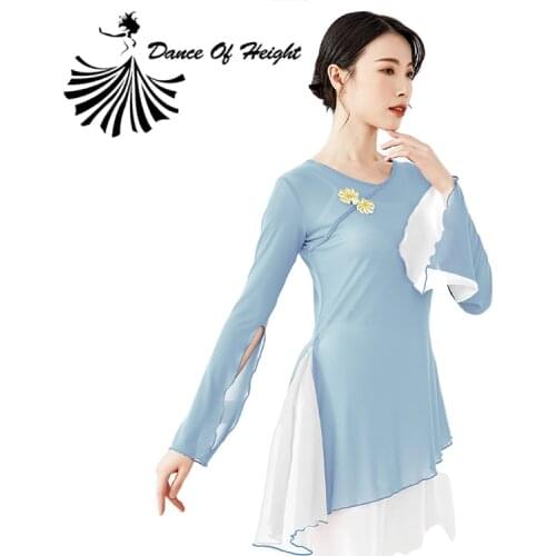 Side Color Contrast Classical Dance Shirt Chinese Folk Dance Practice Wear Gauze Modern Dance Top Blouse V Neck Long Sleeve XXL