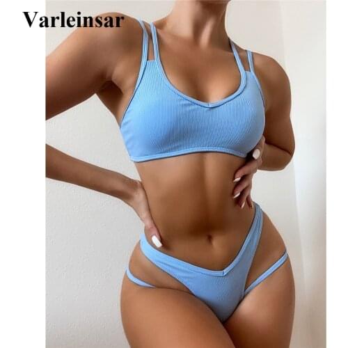 Sexy Ribbed Strappy Micro Thong Bikini Female Swimsuit Women Swimwear Two-pieces Bikini set Bather Bathing Suit Swim Lady V3099