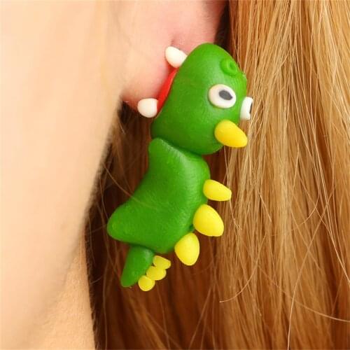 Creative Handmade Clay Soft Pottery Earrings Cute 3D Cartoon Animal Green Little Dinosaur Chic Ear Studs Jewelry For Women Girls