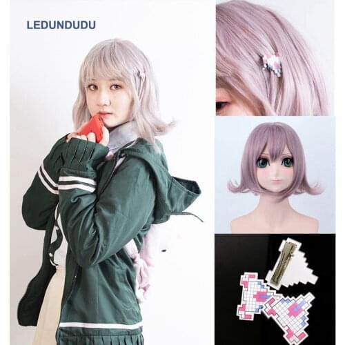 Super DanganRonpa Cosplay Wig Chiaki Nanami Woman Wigs Halloween Anime Heat Resistant Hair + Plane Pixel Hair Clip + wig cap