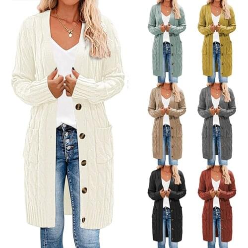 Sweater jacket women long solid color twist sweater women button cardigan for autumn coat long cardigan loose casual jacket