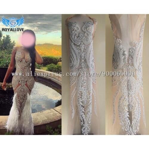 Heavy beaded full body Applique rhinestone Fabric pearl applique bodice panel for Nude gowns wedding dress haute couture patch