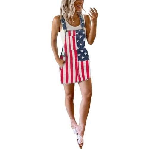 38# Women Sexy Strap Mini Dresses Sexy Usa Flag Print Pocket Button Mini Dress Sexy Denim Strap Dress Summer Sundress Vestidos