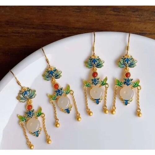 Retro Style S925 Sterling Silver Gold-Plated Design Inlaid Natural Hetian White Jade Flower Earrings Roasted Blue Exquisite Fema