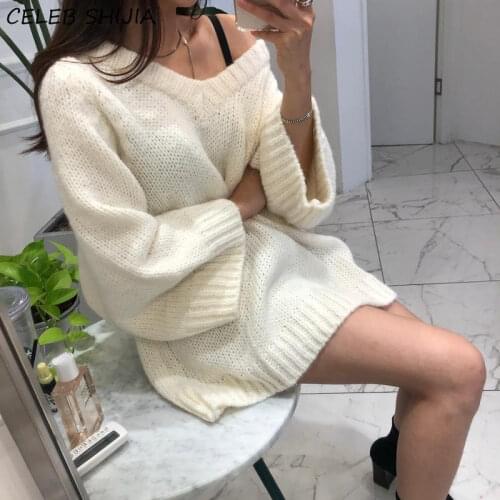 New Chic Sweaters for Woman Autumn Oversized Long-sleeve V-neck Apricot Solid Knitted Pullover Woman Korean Loose Warm Sweaters