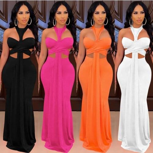 Woman Sexy Halter Strapless Mermaid Long Dress Summer Hollow Out Vintage Backless Bodycon Elegant Robe Party Club Maxi Dresses