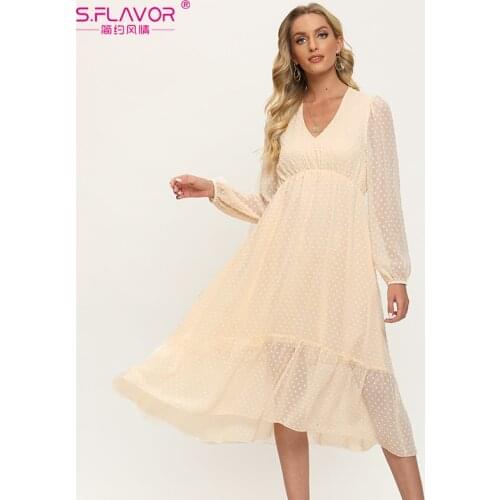 S.FLAVOR Women Beige V-neck Chiffon Autumn Dress Bohemian Style Casual Beach Vestidos De 2021 Midi Dress Clothes Femmale