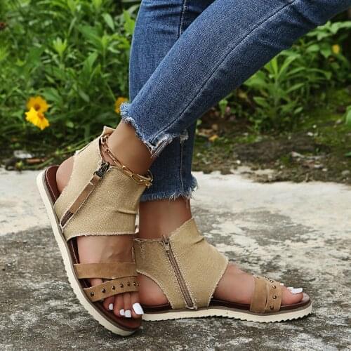 2021 Womens Roman Flat Sandals Summer Flat Beach Sandals Linen Mid-top Roman Sandals With Zip Opening Plus Size