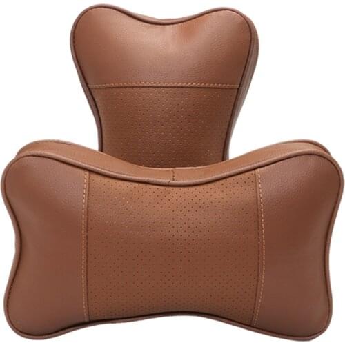 2 Pieces Car Brown PU Leather Car Pillow Headrest Neck Cushion Support Seat Cover Pillows Red Line