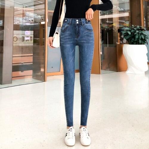 Free Shipping 2020 Womens Autumn And Winter New Breasted Small Feet Jeans High Waist Slim Slimming Stretch Casual Pencil Pants