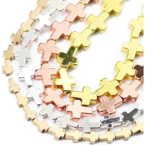 Rose Gold Silvers Cross Jesus Hematite Natural Stone Charm Loose Spacer Beads For Jewelry Making Diy Bracelet Necklace 6/8/10MM