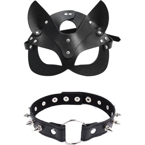 Erotic Fetish Mask With BDSM Collar Bondage Leather Cat Halloween Mask Roleplay Sex Toy For Women Restraints Cosplay Games