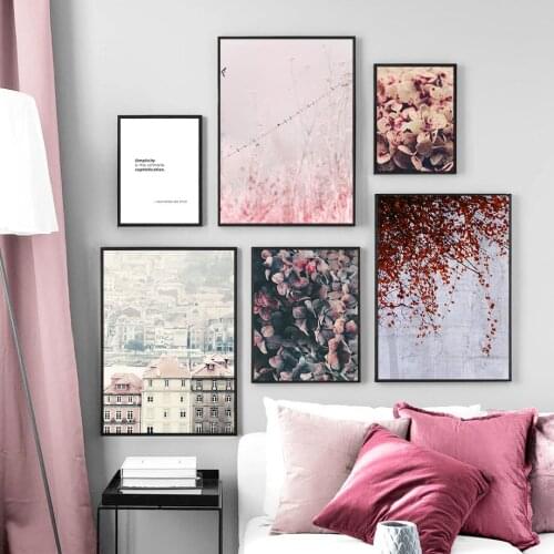 Nordic Flower Art Oil Painting Canvas Poster Pink Plant Leaves Home Room Wall Decoration Modern City Landscape House Art Photo