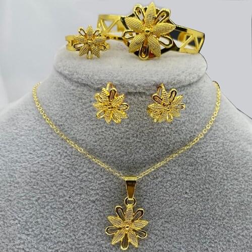 Ethiopian Kids Dubai Jewelry Set for Baby Gold Color Flower Necklace/Pendant/Earring Africa Europe Child Birthday Gift