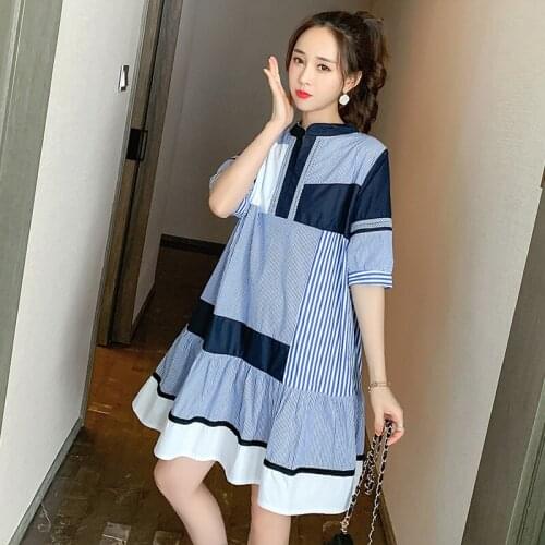 New Loose Maternity Cotton Lactation Shirts Nursing Block Color Striped Patchwork Hollow Out Fishtail Breastfeeding Blouses