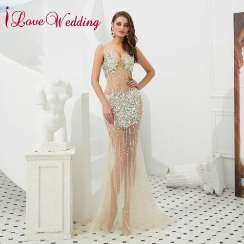 New Arrival Sexy Evening Dresses Long Custom made Heavy Beaded Champagne Tulle Trumpet Illusion Evening Gown