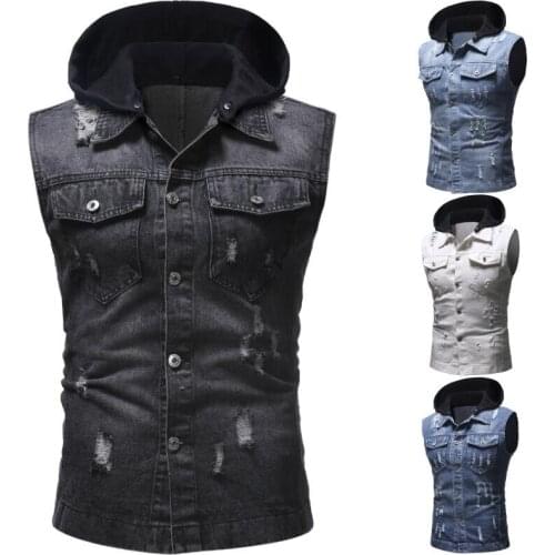 New Fashion Mens Four Seasons New Products Mens Hole Decorated Button Hood Denim Vest 4 Colors Available M-XXL