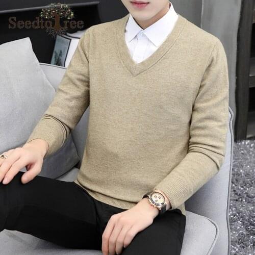 Solid Color Mens Casual Sweater Long Sleeve V-Neck Pullover