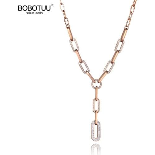 BOBOTUU Hiphop/Rock Stainless Steel Geometry Clay Crystal Pendant Necklace For Women Trendy Chain & Link Long Necklace BN19163