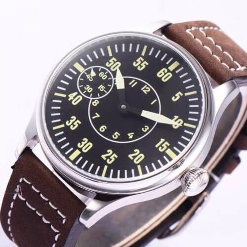 Corgeut 44mm polished Asia 6497 hand winding mens watch black sterile dial luminous waterproof leather strap 110