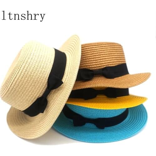 2019 Summer Beach Hat Female Casual Panama simple Parent-child Hat Visor Women Flat brim Bowknot Straw cap girls Sun Hat 5 color