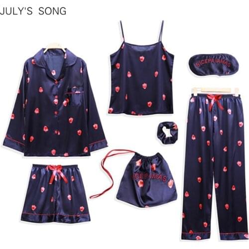 JULYS SONG 7 Pieces Sexy Pajamas Sets Faux Silk Stain Sling And Shorts Sweet Strawberry Printed Long Sleeve Sleepwear Homewear