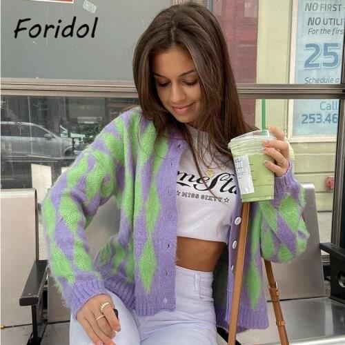 Foridol Argyle Print Knitted Oversized Cardigan Sweater Button Purple Vinatge Streetwear Short Casual Cardigan Top Autumn Winter