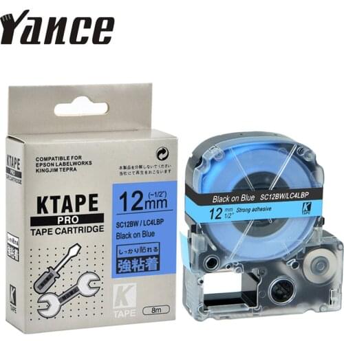 Yance compatible SC12BW/LC4LBP LC-4LBP9 12mm black on blue strong adhesive label tape for KingJim label maker LW300 LW-400 LW400