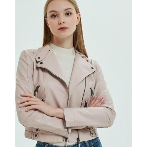 2019 New Fashion Women Autumn Winter Black Faux Leather Jackets Zipper Basic Coat Turn-down Collar Biker Jacket HC066