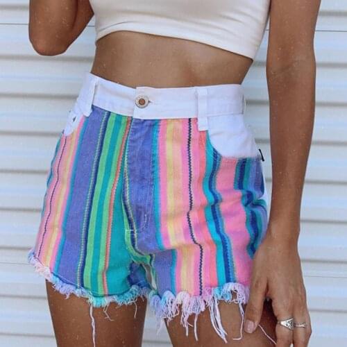 2021Summer Color Denim Shorts Women Short Streetwear Short Vintage Striped Shorts High Street Colorful Loose Denim Short Pants