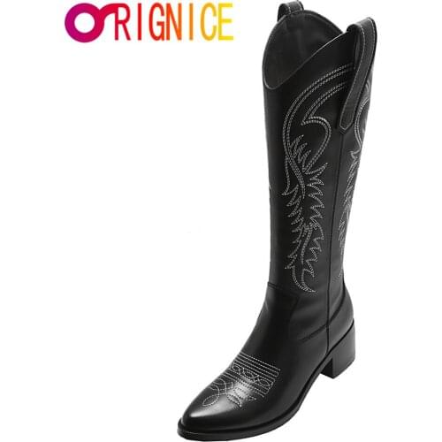 Orignice Retro Women Knee High Boots Leather Riding Medieval Western Cowgirl Autumn Pointed Toe Embossed Square Heel Shoes