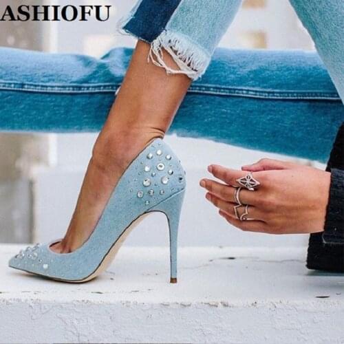 ASHIOFU Handmade Ladies High Heel Pumps Denim Leather Crystals Party Office Dress Shoes Slip-on Casual Daily Wear Fashion Shoes
