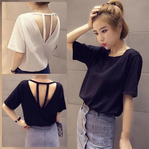 Women Top Casual Solid Color Short Sleeve O Neck Backless Back Hollow Straps T-shirt High Street Sexy Elegant Tops
