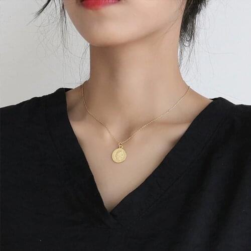 Vintage Carved Coin Necklace For Women Stainless Steel Gold Color Medallion Pendant Necklace Long Choker Boho Jewelry Collier