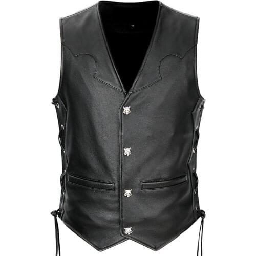 Mens Motorcycle Biker Real Leather Waistcoat Vest Jacket Genuine Leather Cowhide Collarless Sleeveless Coat Adjustable Lace 5XL