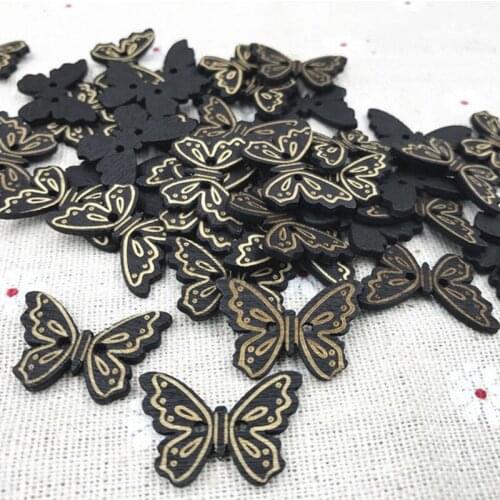 DIY 100PCS Wooden Buttons Black butterfly Sewing Scrapbooking Decoration 2-Holes craft 24mm