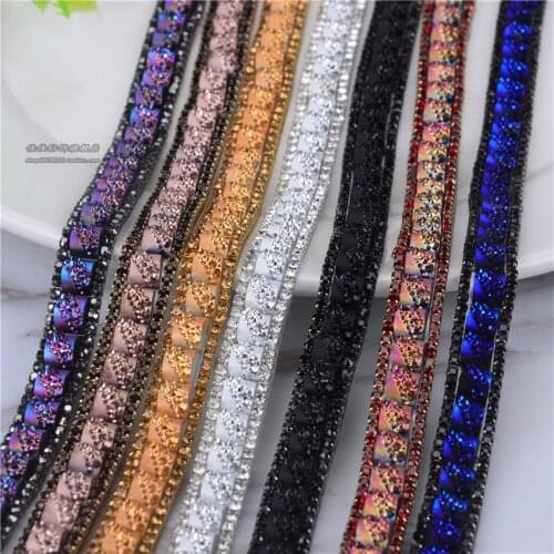2Yards Diamond Glue Lace Beaded Lace Trim Rhinestones Claw Chain Appliques Sewing On Wedding Dresses Belt Sashes Crystal Lace