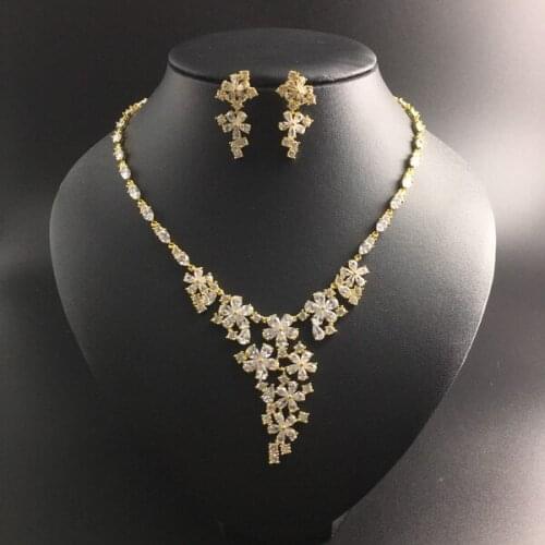 2021 new fashion elegant popular crystal flowers zircon golden necklace earring set,wedding bride banquet dress dinner jewelry