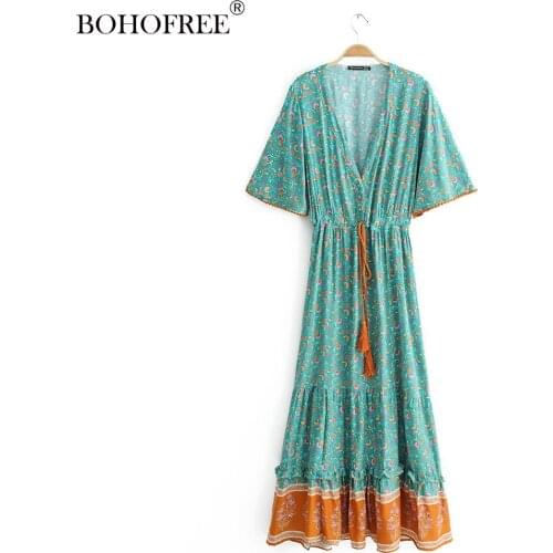 2020 Gpysy Style Pluging V-Neck Elastic Waist Vestidos Casual Maxi Floral Long Dress Women Bohemian Dresses